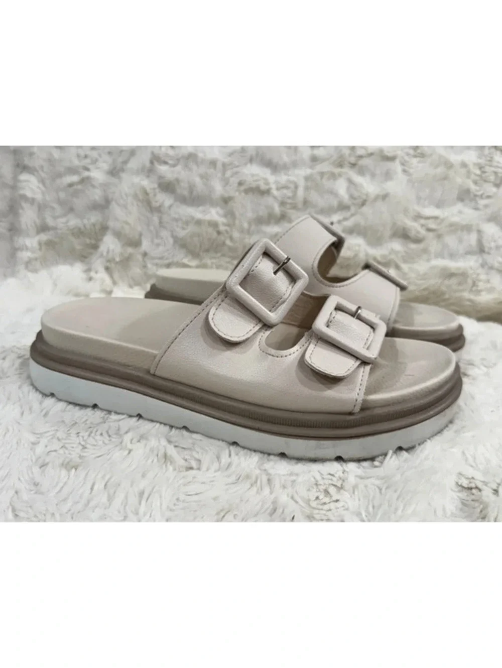 Amazon Women's Beige Platform Sandals with Double Buckles, Size 8.5 (Fits 8)